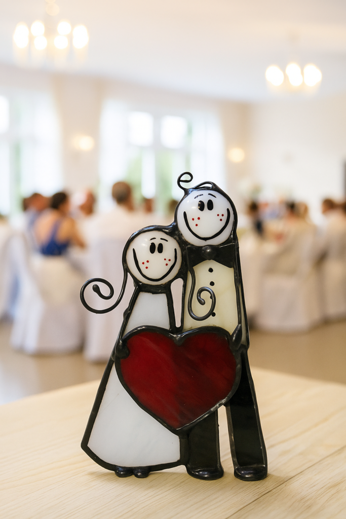 Figurka ślubna witrażowa przedstawiająca parę młodą z czerwonym sercem – oryginalna pamiątka ślubna od rodziców, ręcznie robiony prezent zamiast kwiatów