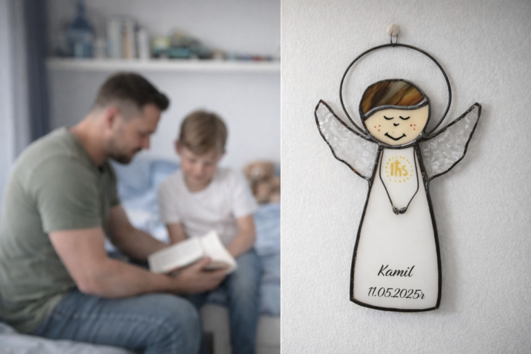 pamiątka na komunię od ojca chrzestnego aniołek z imieniem w pokoju chłopca