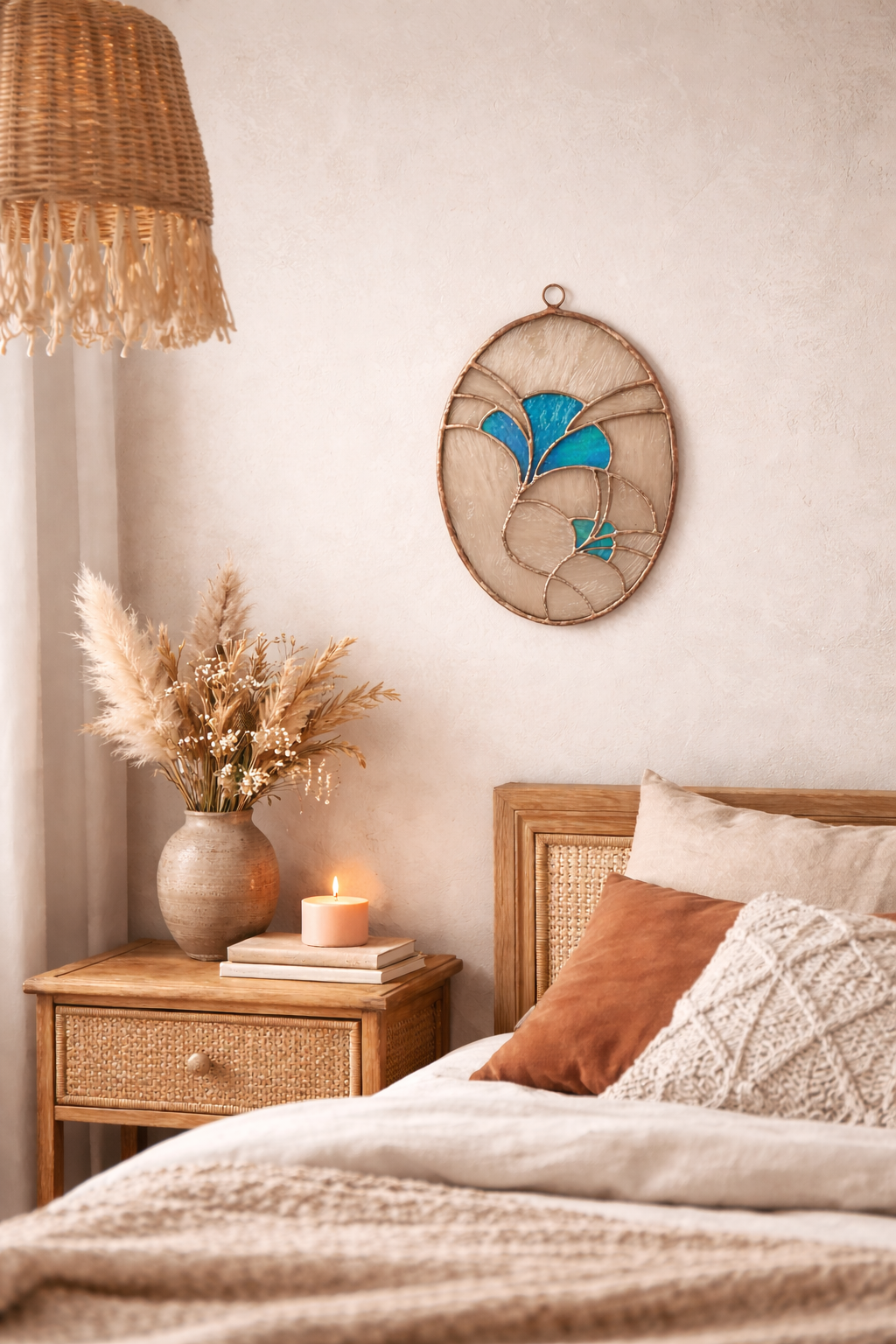sypialnia boho z witrażem w stylu secesji